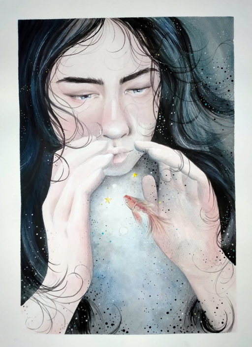 illustrazione autoritratto acquerello e matite